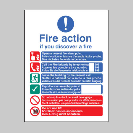 Multi-lingual fire action manual lift (English, French & German)