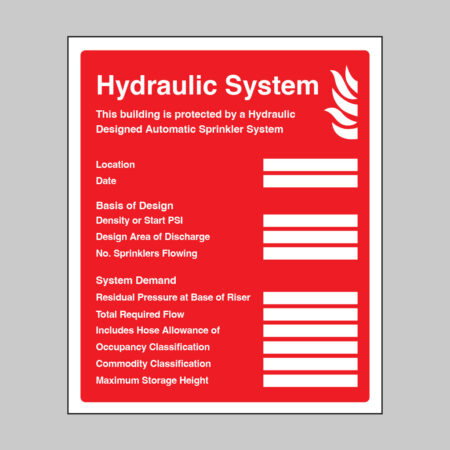 Hydraulic sprinkler system ID plate sign