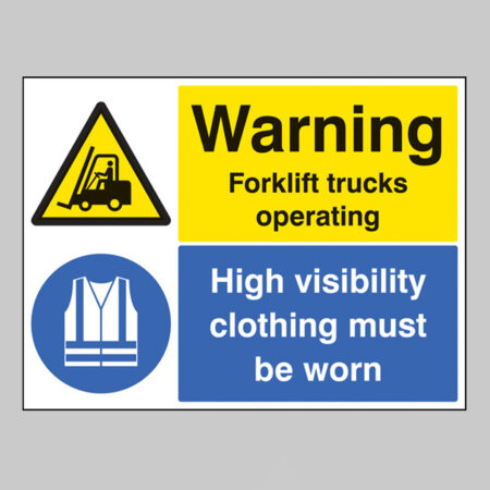 Warning forklift trucks operating high visibility clothing must be worn
