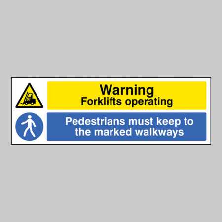 Caution Forklifts operating Pedestrains must keep to the marked walkway