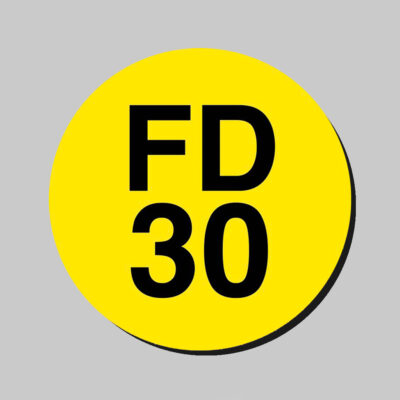 38mm Dia Engraved FD30 Fire door disc (Black text on yellow) - Adhesive Backed (Pack of 50)