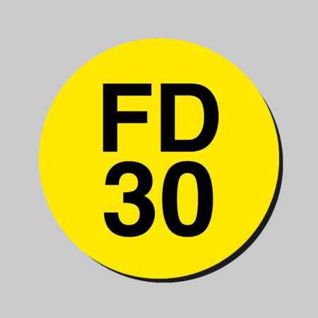 38mm Dia Engraved FD30 Fire door disc (Black text on yellow) - Adhesive Backed (Pack of 50)