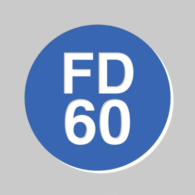 38mm Dia Engraved FD60 Fire door disc (White text on blue) - Adhesive Backed (Pack of 50)