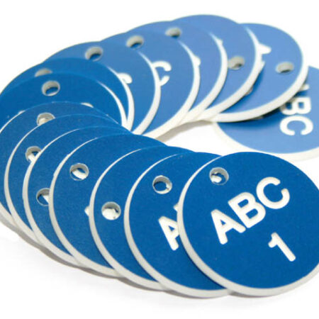 27mm Engraved Valve Tags - 50 sequential numbers - (eg. 1-50) White text on blue