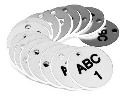 38mm Engraved Valve Tags - 50 sequential numbers - (eg. 1-50) Black text on white