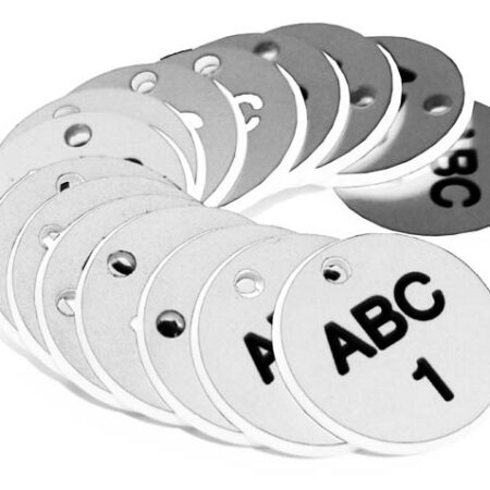 38mm Engraved Valve Tags - 50 sequential numbers - (eg. 1-50) Black text on white