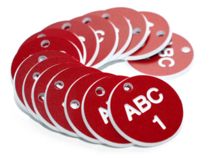 38mm Engraved Valve Tags - 50 sequential numbers - (eg. 1-50) White text on red