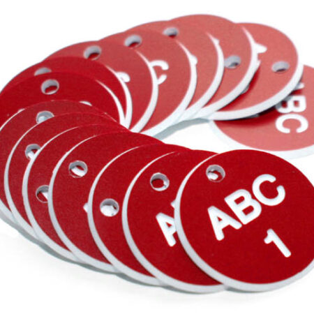 38mm Engraved Valve Tags - 50 sequential numbers - (eg. 1-50) White text on red