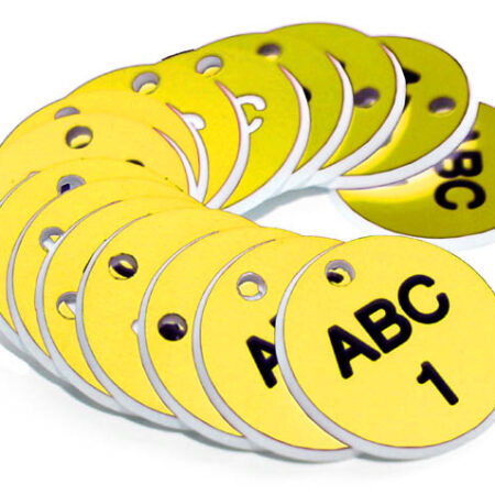38mm Engraved Valve Tags - 50 sequential numbers - (eg. 1-50) Black text on yellow