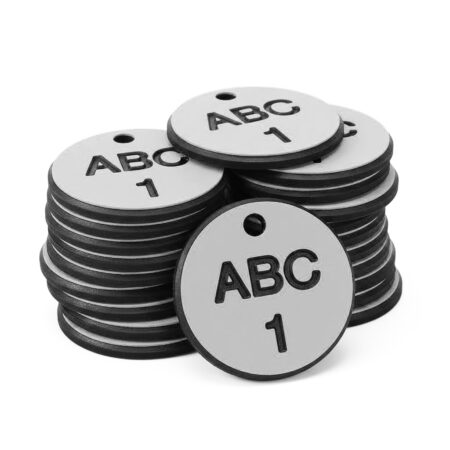 27mm Engraved Valve Tags - 50 sequential numbers with prefix - (eg. 1-50) Black text on white