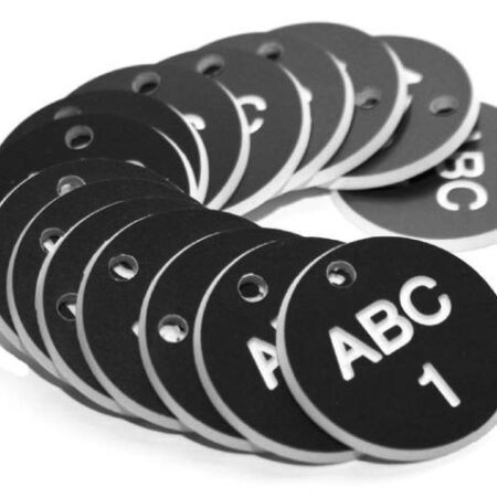 27mm Engraved Valve Tags - 50 sequential numbers with prefix - (eg. 1-50) White text on black