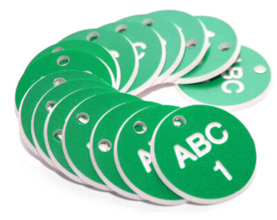 27mm Engraved Valve Tags - 50 sequential numbers with prefix - (eg. 1-50) White text on green
