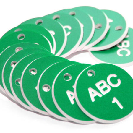 38mm Engraved Valve Tags - 50 sequential numbers with prefix - (eg. 1-50) White text on green