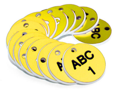 38mm Engraved Valve Tags - 50 sequential numbers with prefix - (eg. 1-50) Black text on yellow