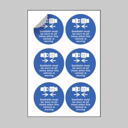 Seatbelts must be worn at all times when vehicle is moving 65mm dia sheet of 6 peel 'n' stick labels