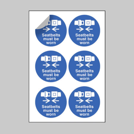 Seatbelts must be worn 65mm dia sheet of 6 peel 'n' stick labels