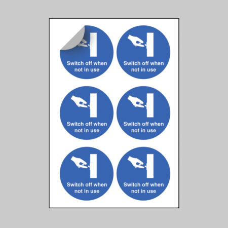 Switch off when not in use 65mm dia - sheet of 6 peel 'n' stick labels
