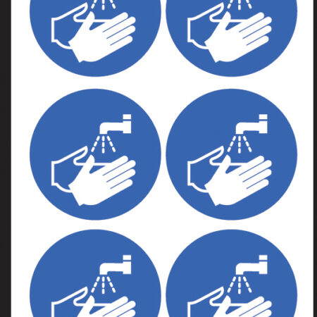 Wash hands symbol 65mm dia - sheet of  6 peel 'n' stick labels