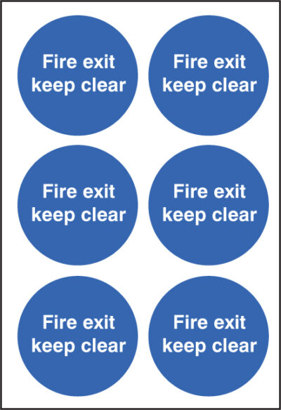 Fire exit keep clear 65mm dia - sheet of 6 peel n stick labels