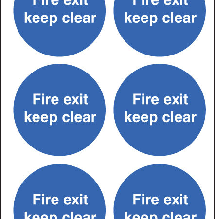 Fire exit keep clear 65mm dia - sheet of 6 peel n stick labels