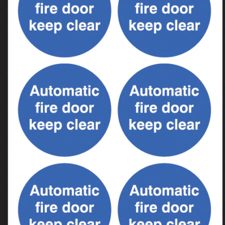 Auto fire door keep clear 65mm dia -  sheet of 6 peel n stick labels