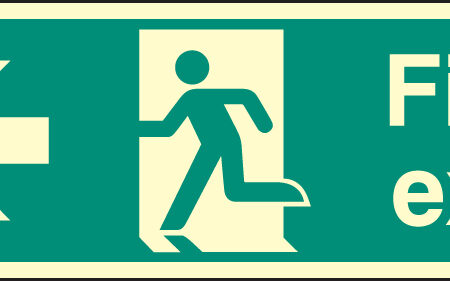 Fire exit left 900x300mm photoluminescent rigid plastic