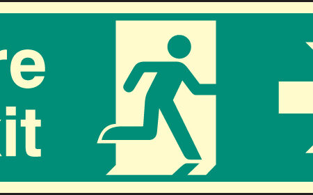Fire exit right 900x300mm photoluminescent rigid plastic