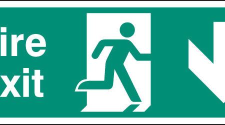 Fire exit arrow down single sided 1200x400mm 5mm rigid