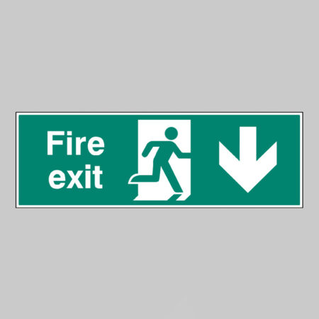 Fire exit double sided with arrow down 1200x400mm 5mm rigid plastic