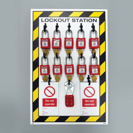 Lockout Station, 10 Lock Capacity, Includes Contents (10xpadlocks, 2x pk of 10 tags, 1x25mm hasp)