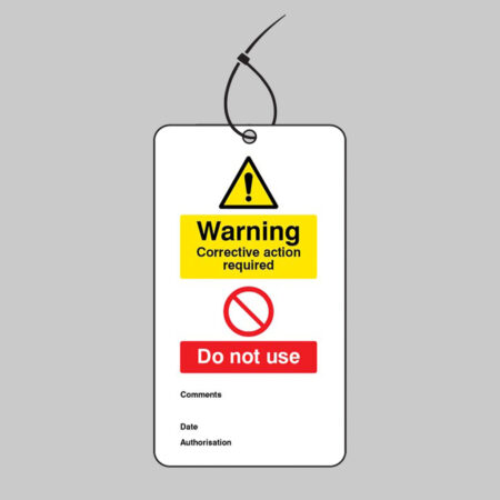 Warning corrective action required.. double sided safety tags 80x150mm c/w cable ties (pack of 10)