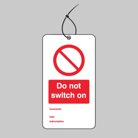 Do not switch on double sided safety tags 80x150mm c/w cable ties (pack of 10)