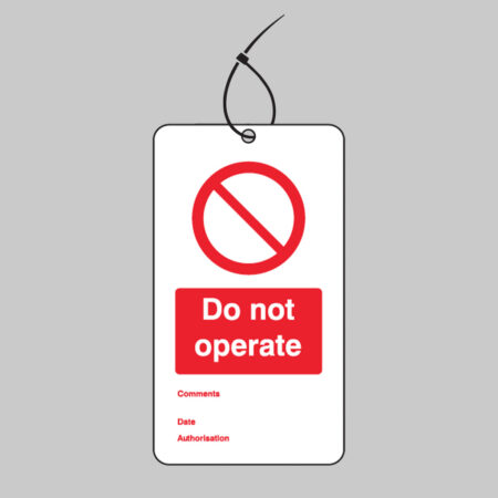 Do not operate double sided safety tags 80x150mm c/w cable ties (pack of 10)