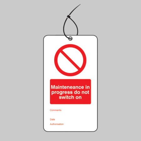 Maintenance in progress double sided safety tags 80x150mm c/w cable ties (pack of 10)