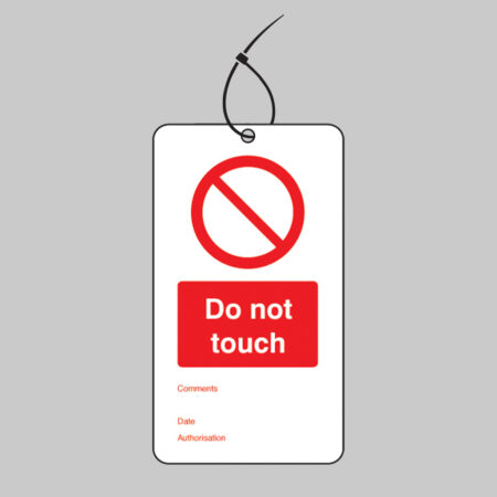 Do not touch double sided safety tags 80x150mm c/w cable ties (pack of 10)