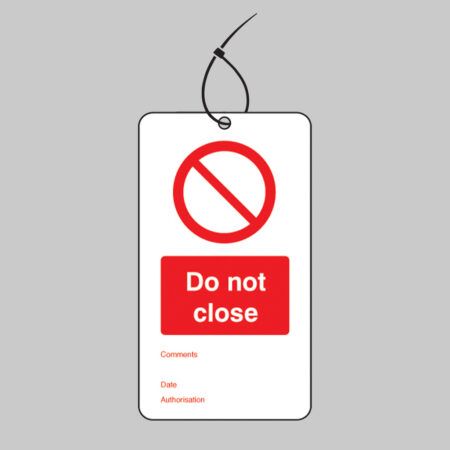 Do not close double sided safety tags 80x150mm c/w cable ties (pack of 10)