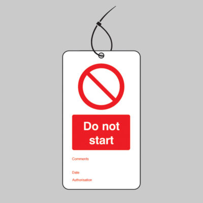 Do not start double sided safety tags 80x150mm c/w cable ties (pack of 10)