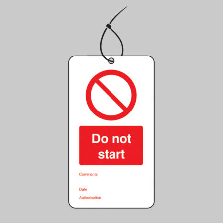 Do not start double sided safety tags 80x150mm c/w cable ties (pack of 10)