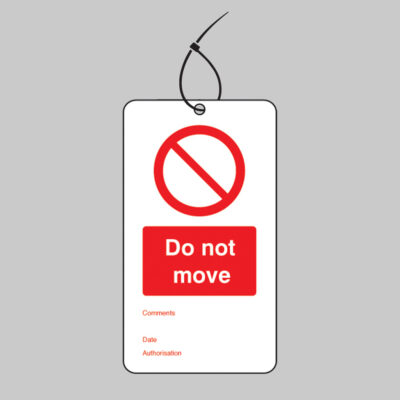 Do not move double sided safety tags 80x150mm c/w cable ties (pack of 10)