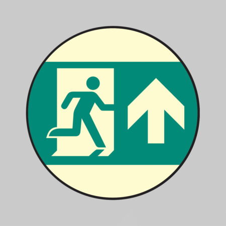 Emergency exit straight on Photoluminescent anti-slip adhesive floor marker 80mm dia (pack of 6)