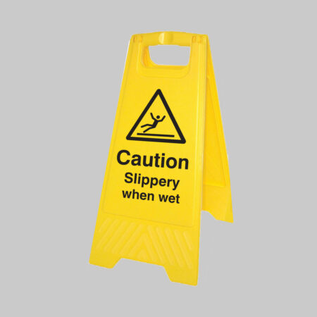 Caution Slippery when wet (free-standing yellow floor sign)