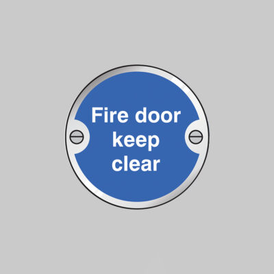 Fire door keep clear 76mm dia aluminium pre-drilled c/w fixings