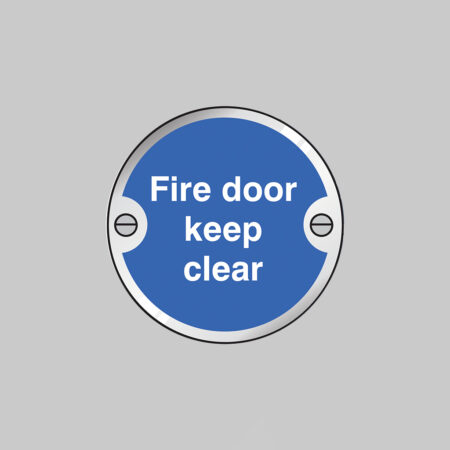 Fire door keep clear 76mm dia aluminium pre-drilled c/w fixings
