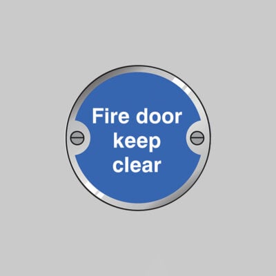 Fire door keep clear 76mm dia stainless steel pre-drilled c/w fixings