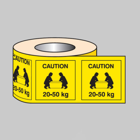 Lifting labels caution 20-50kg roll of 500 50x50mm self adhesive vinyl
