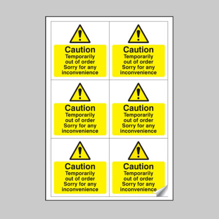 Caution temporarily out of order sheet of 6 peel 'n' stick labels 99x105mm