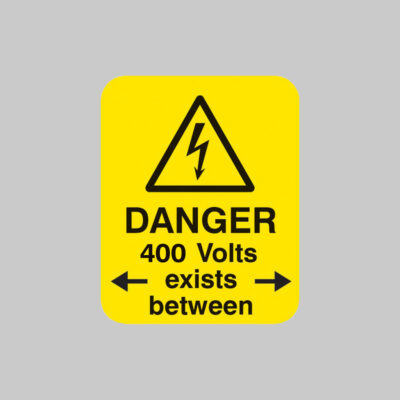 Danger 400 volts <-exists between-> Sheet of 25 labels 40x50mm