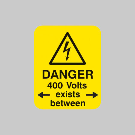 Danger 400 volts <-exists between-> Sheet of 25 labels 40x50mm