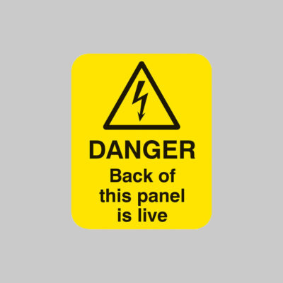 Danger back of this panel is live Sheet of 25 labels 40x50mm
