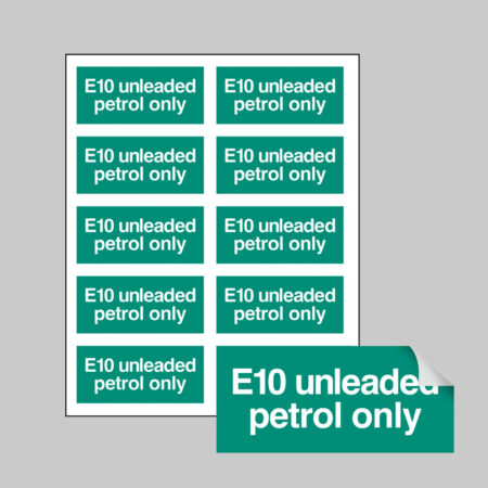 E10 unleaded petrol only sheet of 10 self adhesive labels 40x18mm